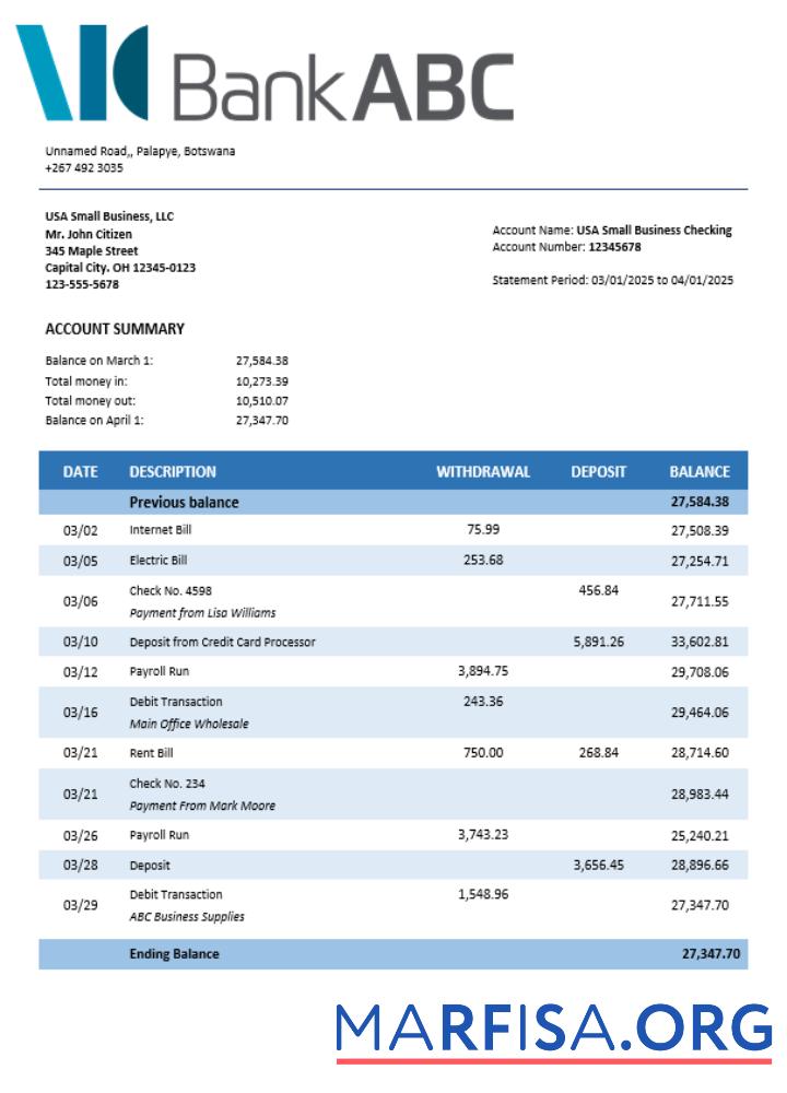 Realistic ABC bank company checking account statement Word and PDF template